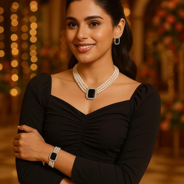 Elegant Pearl and Black Stone Jewelry Set – Zivaara | Traditional Necklace, Bracelet & Earrings - Image 2