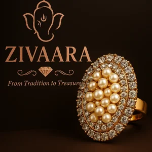 Zivaara branding with elegant pearl and diamond gold ring displayed artistically.