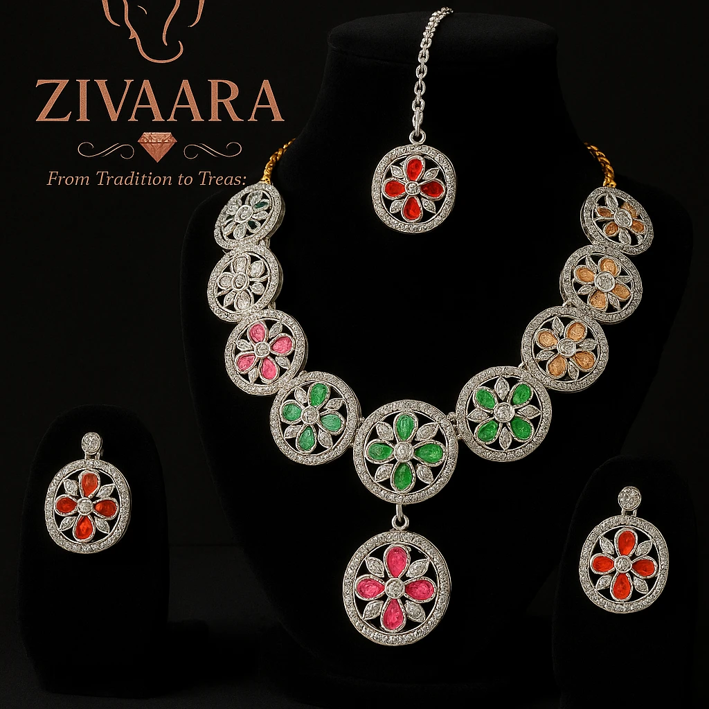 Close-up of Zivaara multicolour floral necklace showing detailed silver and enamel design.