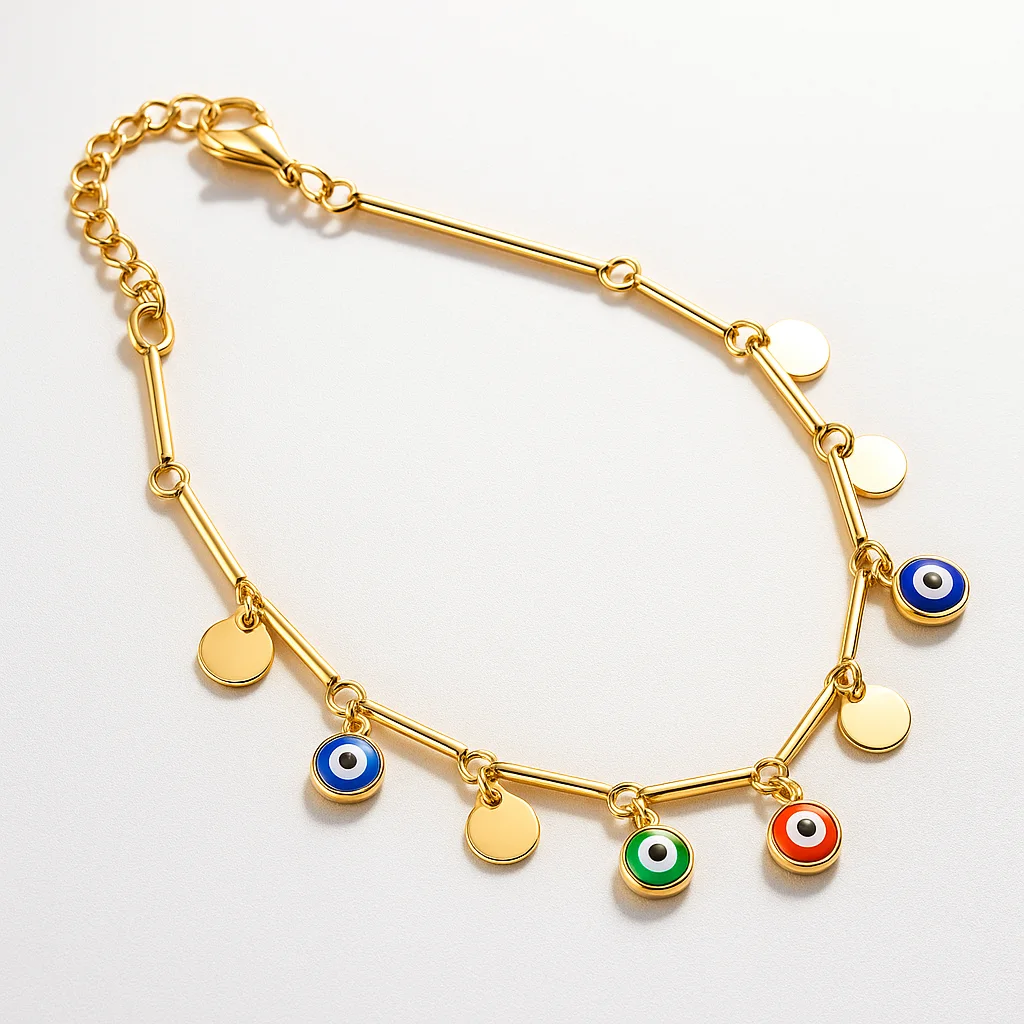 Artificial evil eye necklace with multicolor evil eye charms – close-up