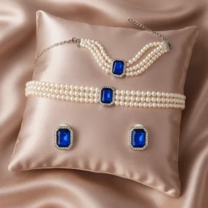 Blue Stone jewellery set Artificial pearl choker necklace with sapphire blue teardrop pendant – close-up