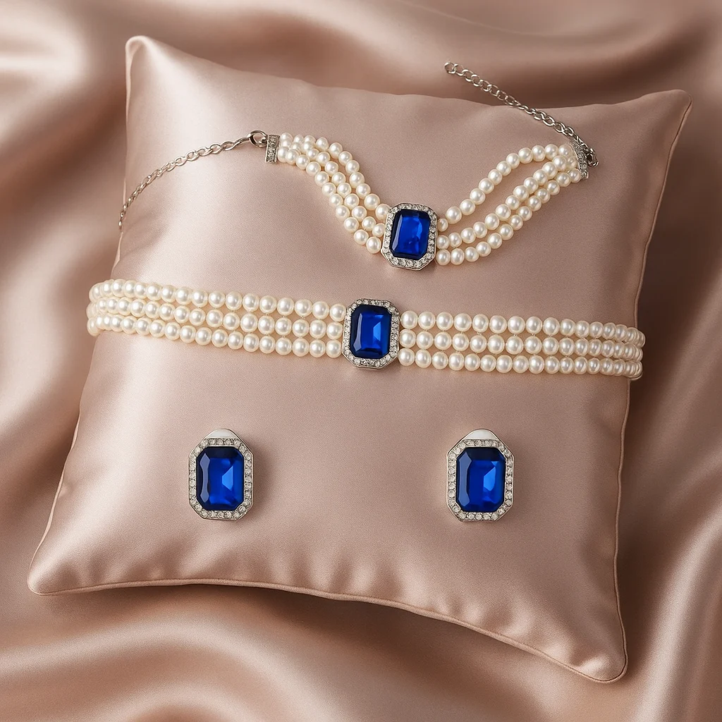 Blue Stone jewellery set Artificial pearl choker necklace with sapphire blue teardrop pendant – close-up