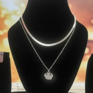 Dual-Layer Silver Necklace Set with Choker Chain and Crown Pendant