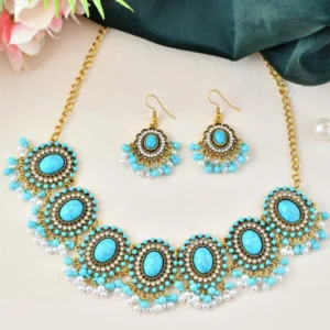 Turquoise Blue and Gold-Toned Choker Necklace Set with Matching Earrings