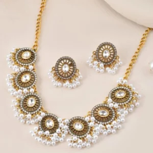 Gold-Toned Choker Necklace Set with Circular Motifs, Pearls, and Matching Earrings