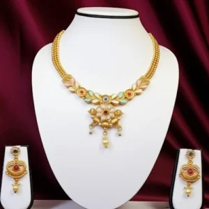 Gold-Plated Choker Necklace Set with Kundan, Pastel Gems, Pearls, and Matching Earrings