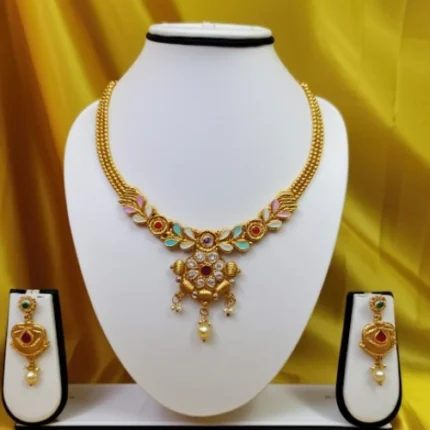 Kundan Choker Necklace Set – Matching Earrings with Pearls & Red Stones