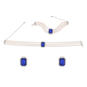Pearl & Sapphire Blue Stone Jewelry Set – Choker, Bracelet & Earrings