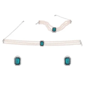 Pearl & Emerald Green Stone Jewelry Set – Choker, Bracelet & Earrings