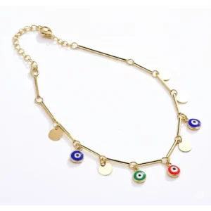 Gold-Tone Necklace with Multicolor Evil Eye Charms and Disc Accents