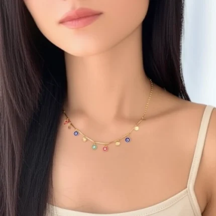 Full view artificial gold-tone necklace with multicolor evil eye charms and disc accents