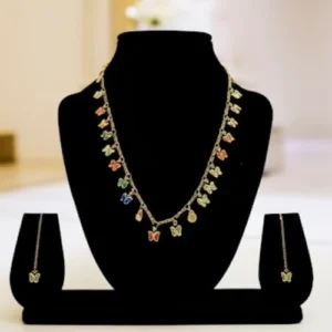 Gold-Tone Butterfly Necklace Set with Colorful Charms and Matching Drop Earrings