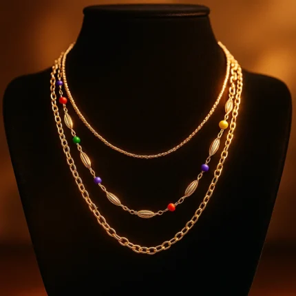 Artificial layered gold necklace with multicolor beads for women