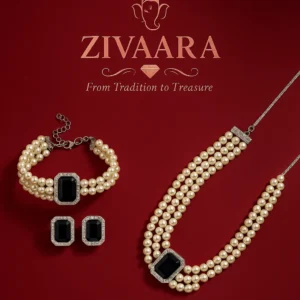Elegant Pearl and Black Stone Jewelry Set – Zivaara | Traditional Necklace, Bracelet & Earrings