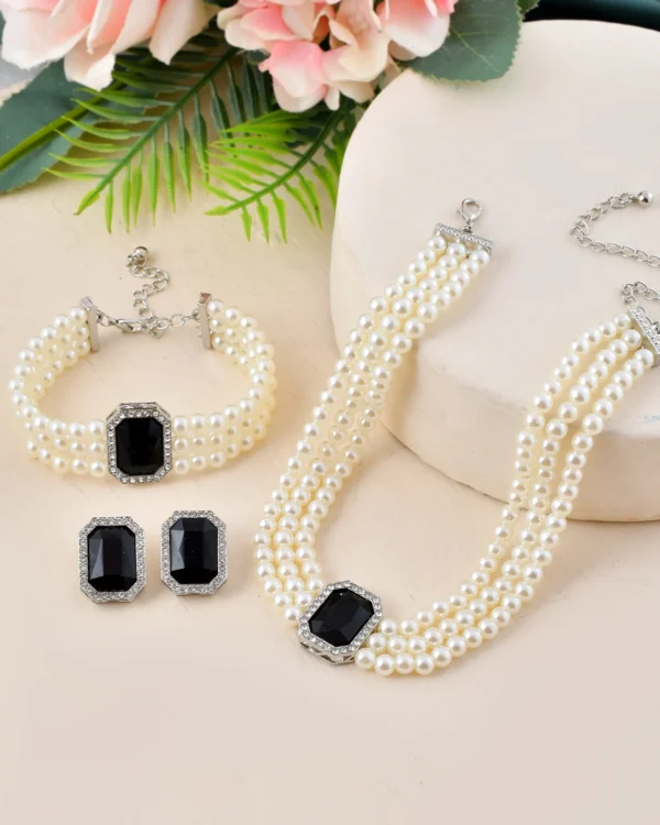 Elegant Pearl and Black Stone Jewelry Set – Zivaara | Traditional Necklace, Bracelet & Earrings - Image 3
