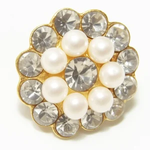 Elegant pearl and crystal floral statement ring in gold finish for weddings and parties