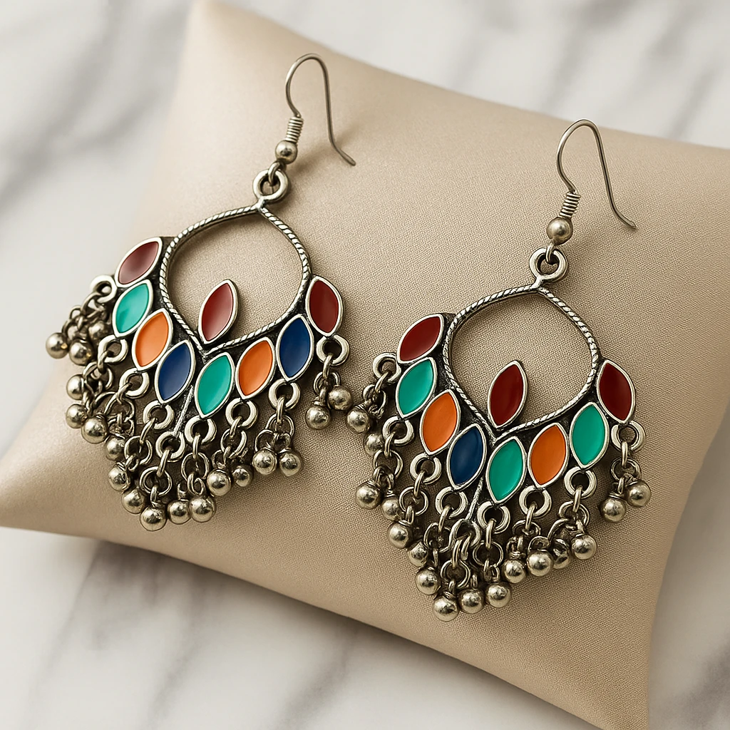 Close-up of dangling beads on multicolor oxidized bohemian jhumka earrings