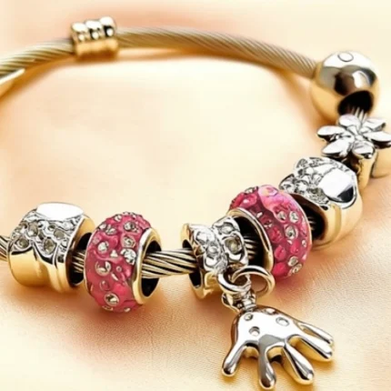 Pink Bead Charm Bracelet Full View of Silver Charm Bracelet with Pink Beads & Pendant