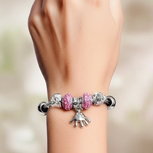 Pink Bead Charm Bracelet Stylish Silver Charm Bracelet with Pink Beads & Handprint Pendant for Women