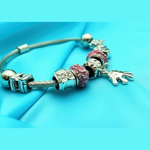 Pink Bead Charm Bracelet Silver Charm Bracelet with Pink Beads and Handprint Pendant – Close-up View