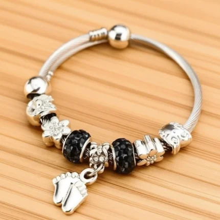 silver charm bracelet stylish Silver Bracelet for Women with Black Beads & Footprint Pendant