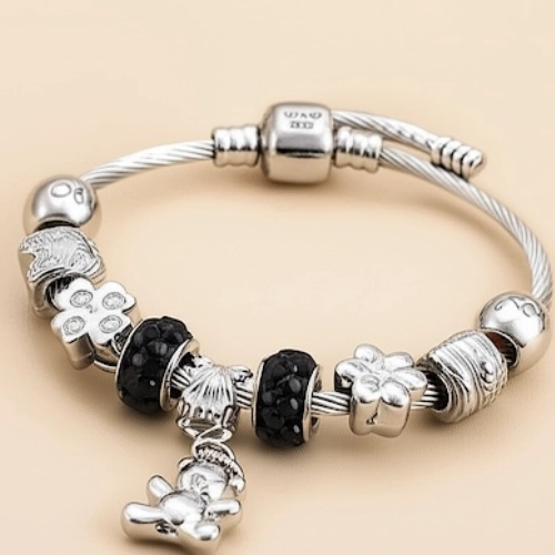 eddy Bear Charm Silver Bracelet Close-up of Teddy Bear Charm Silver Bracelet with black crystal beads