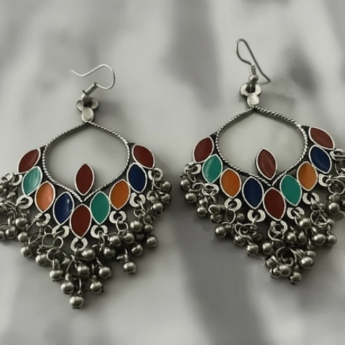 Close-up of dangling beads on multicolor oxidized bohemian jhumka earrings