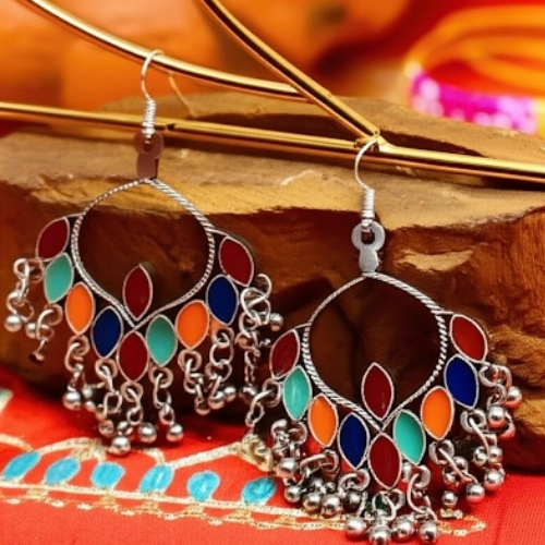 Multicolor bohemian oxidized jhumka earrings with colorful enamel and dangling beads front view