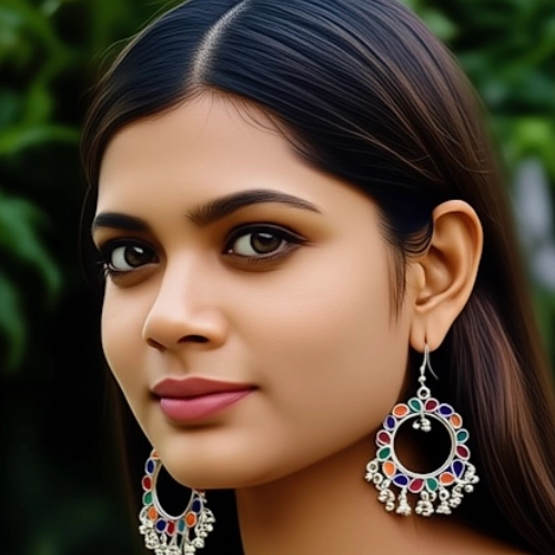 Close-up of beaded danglers on colorful oxidized hoop earrings