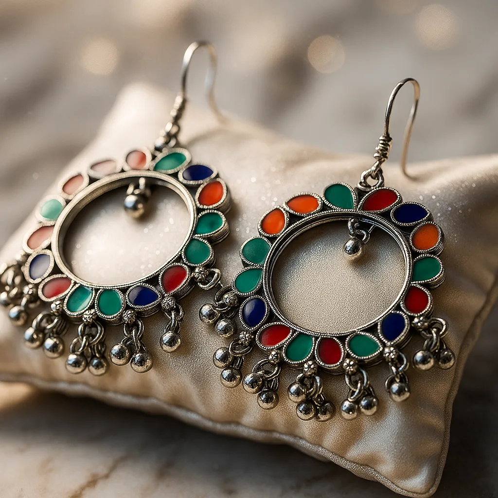 Pair of colorful oxidized hoop earrings with multicolor enamel and beaded danglers on white background
