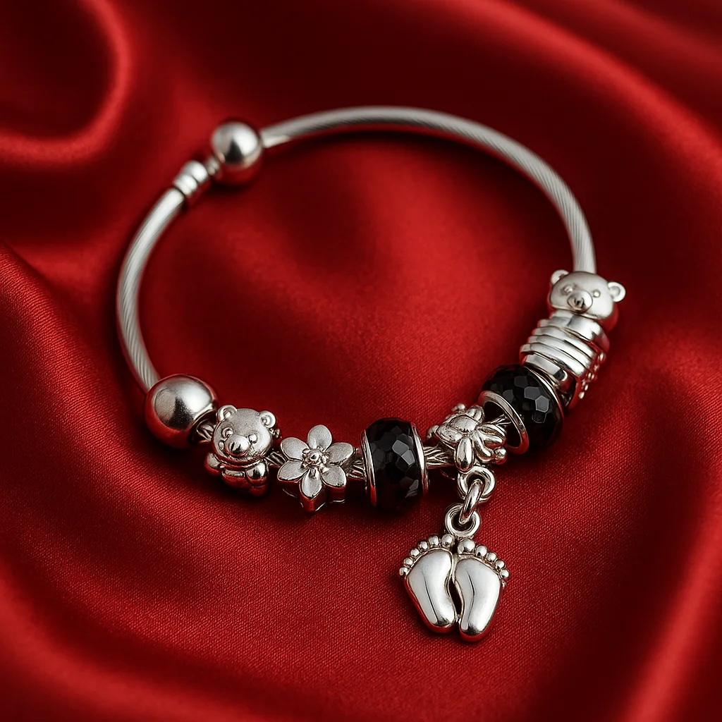 Silver Charm Bracelet with Black Beads & Pendant – Full View