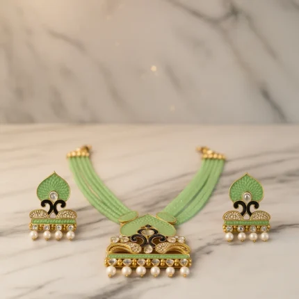 Mint Green Beaded Necklace Set with Meenakari & Kundan Work