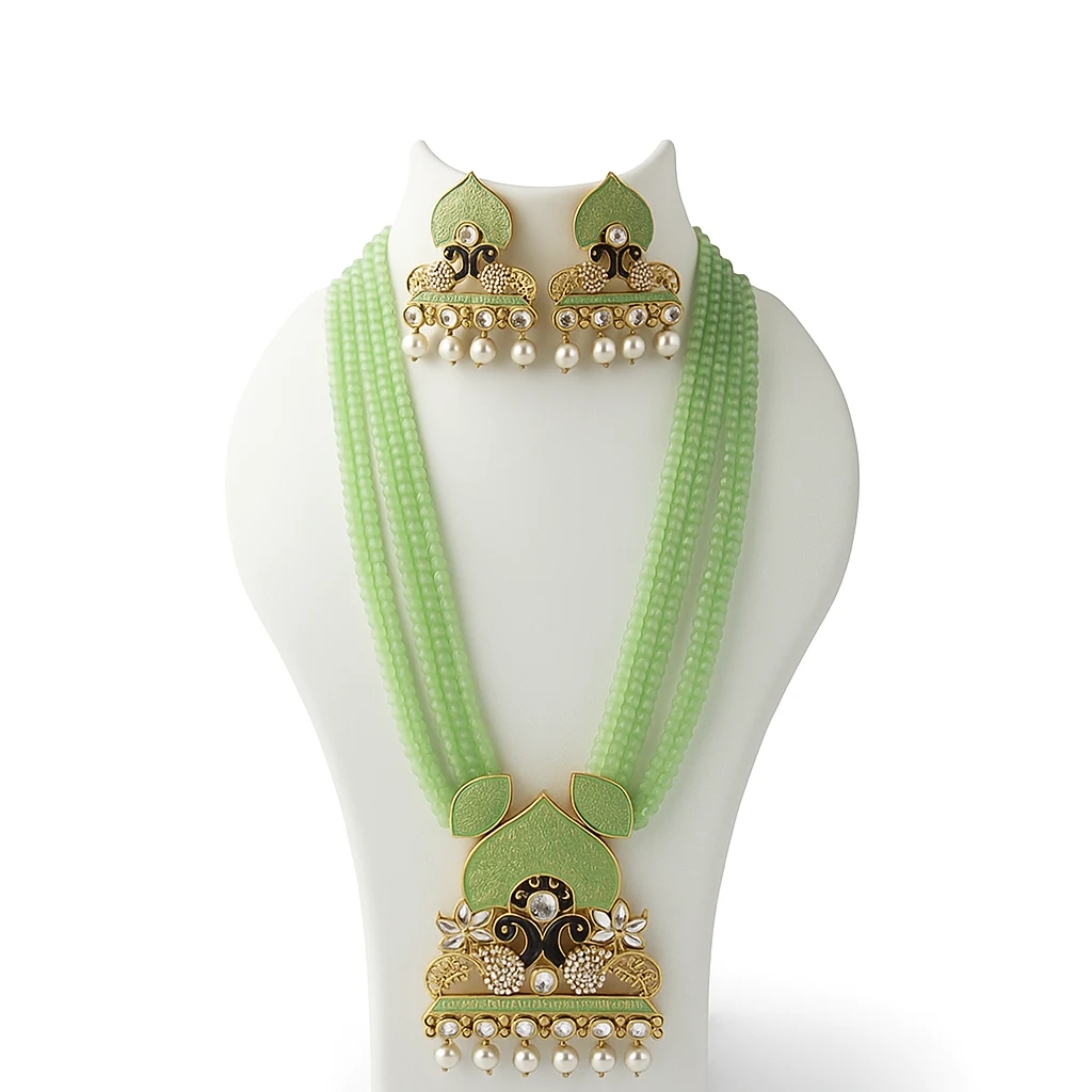 Mint Green Beaded Necklace Set with Meenakari & Kundan Work