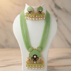 Mint Green Beaded Necklace Set with Meenakari & Kundan Work