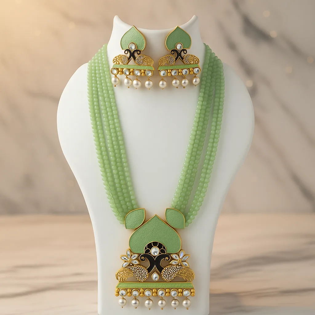 Mint Green Beaded Necklace Set with Meenakari & Kundan Work