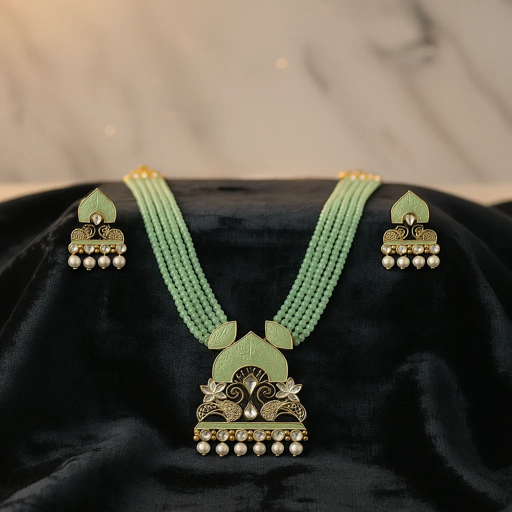 Mint Green Beaded Necklace Set with Meenakari & Kundan Work