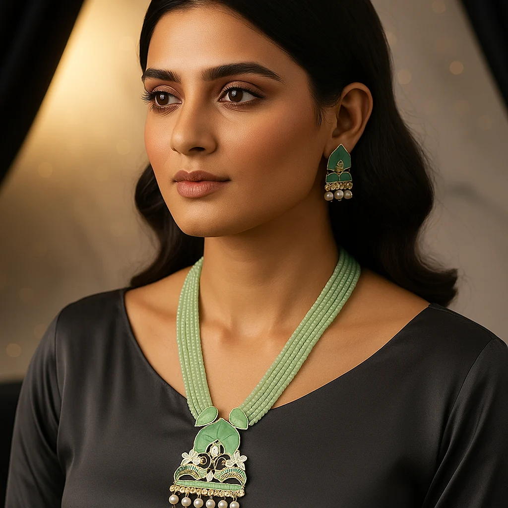 Mint Green Beaded Necklace Set with Meenakari & Kundan Work