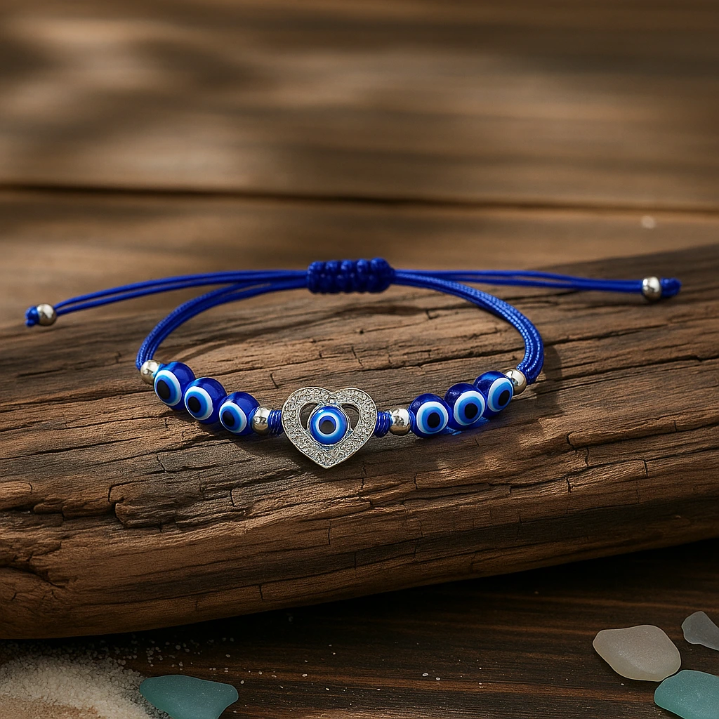 Close-up side angle of blue evil eye beads bracelet with silver heart charm for women and girls.
