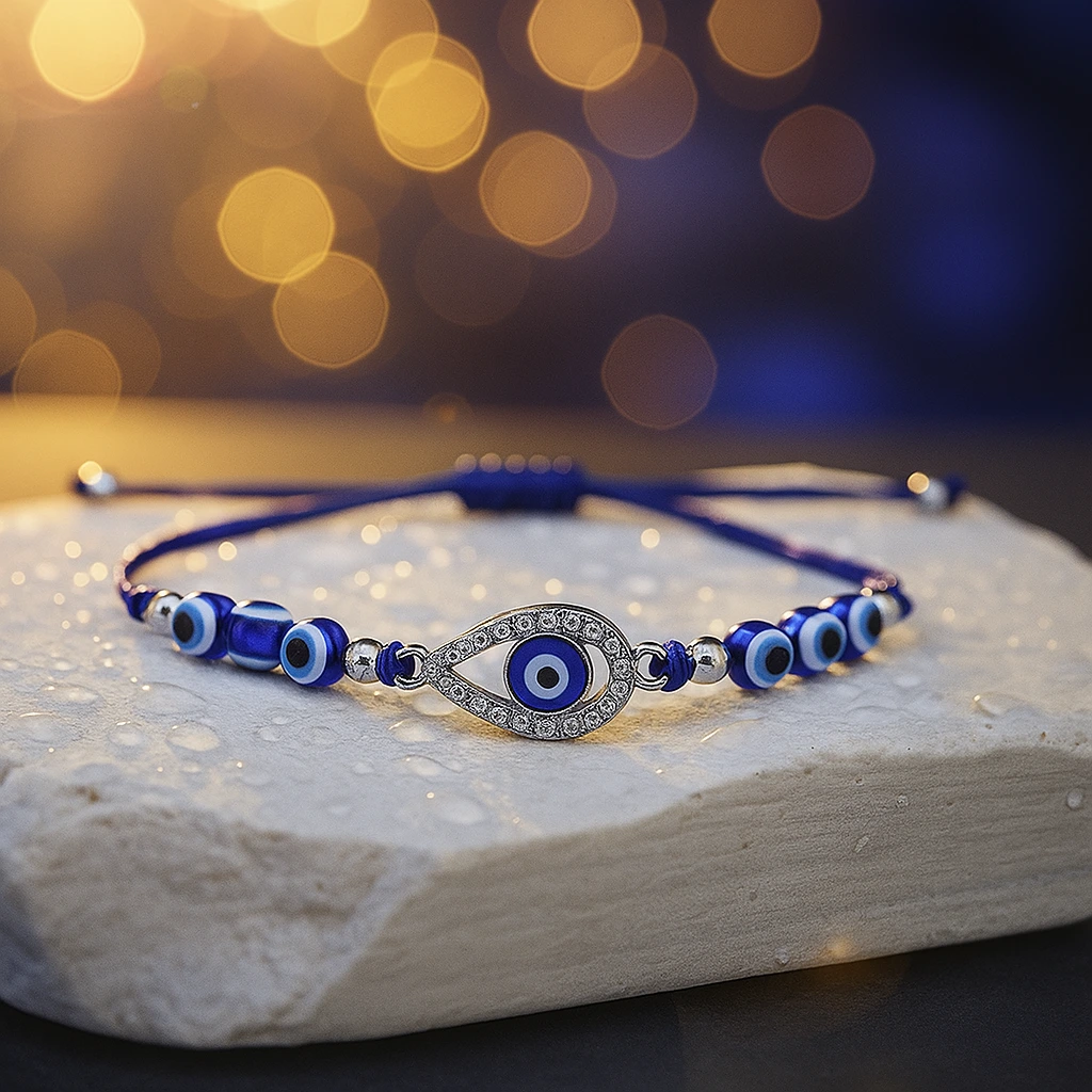 Blue Evil Eye Bracelet styled with stones and lavender decoration