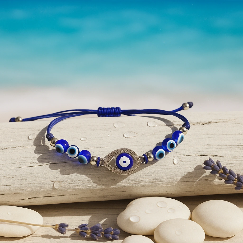 Adjustable Blue Evil Eye Bracelet with beaded details