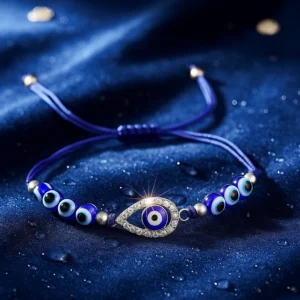 Blue Evil Eye Protection Bracelet on wooden surface with beach background