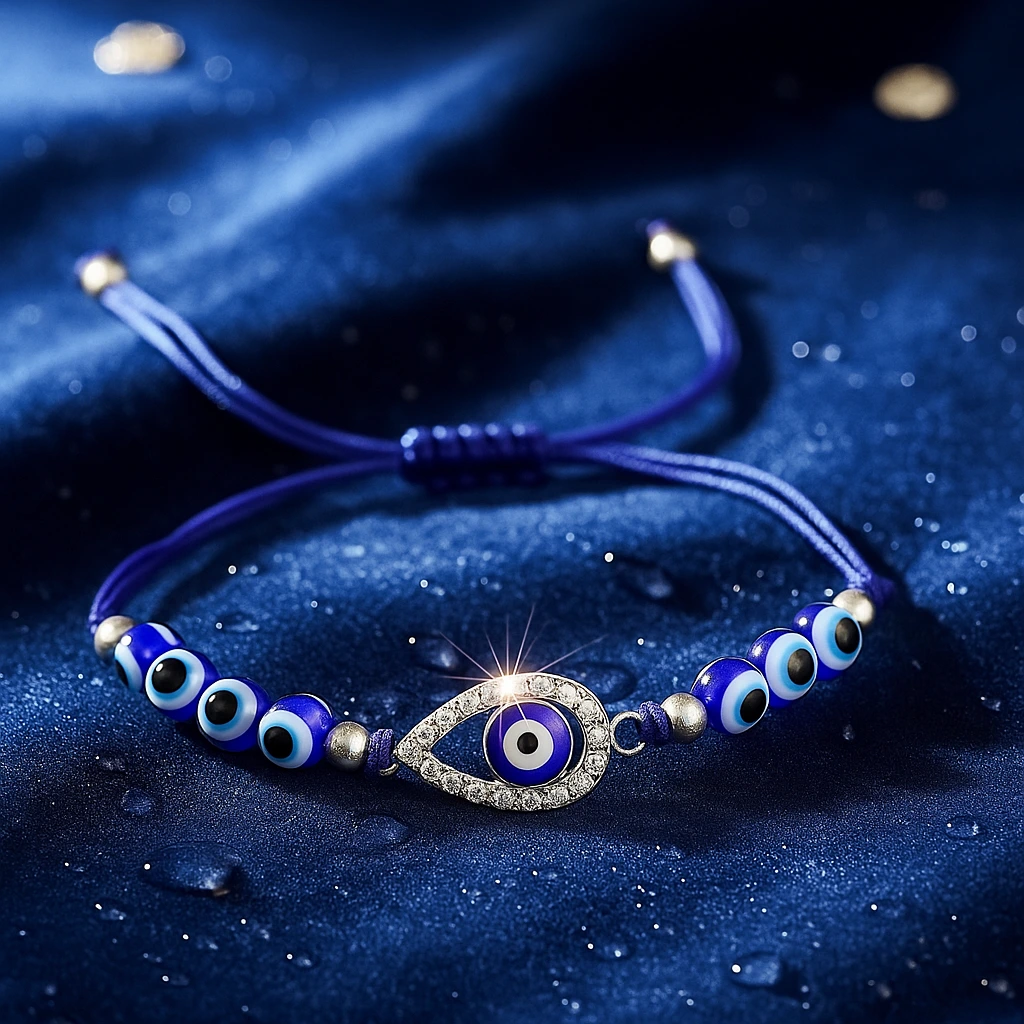 Blue Evil Eye Protection Bracelet on wooden surface with beach background