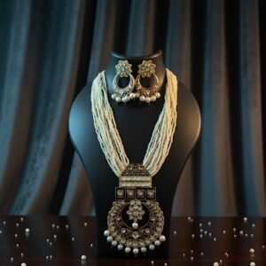 Kundan pearl necklace set front view with meenakari pendant and matching earrings