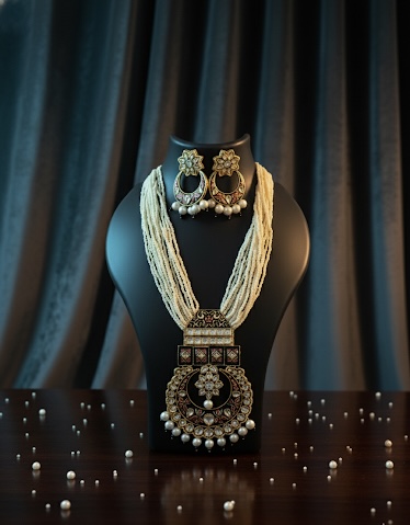 Kundan pearl necklace set front view with meenakari pendant and matching earrings