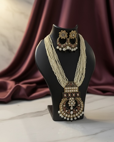 Close-up of kundan pearl necklace pendant with red and black meenakari detailing