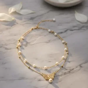 old butterfly anklet with pearls on cream silk fabric - double layer ankle bracelet