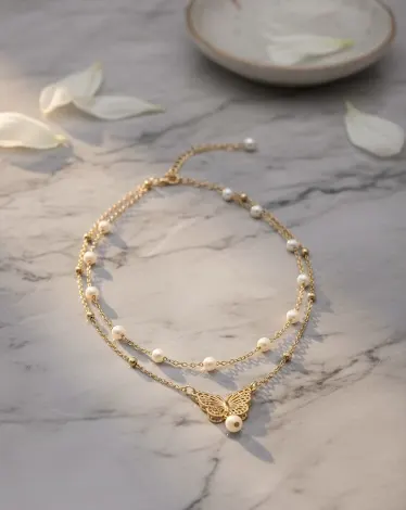 old butterfly anklet with pearls on cream silk fabric - double layer ankle bracelet