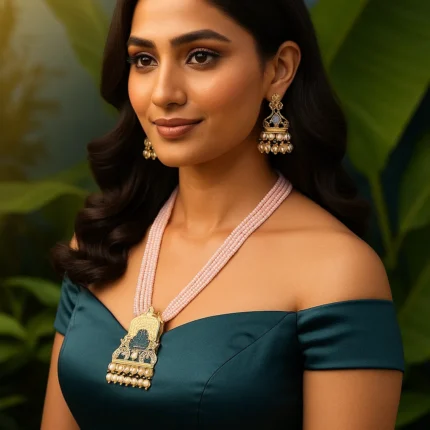 Gold Kundan pendant necklace with multi-layer pink pearl beads and matching earrings on a display stand.