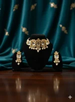 Flat lay of Kundan choker necklace with pearl band and matching earrings on white background - product photography