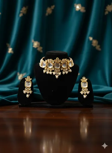 Flat lay of Kundan choker necklace with pearl band and matching earrings on white background - product photography